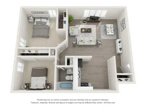 Floor plan for 2 beds, 1 bath, 850 sqft